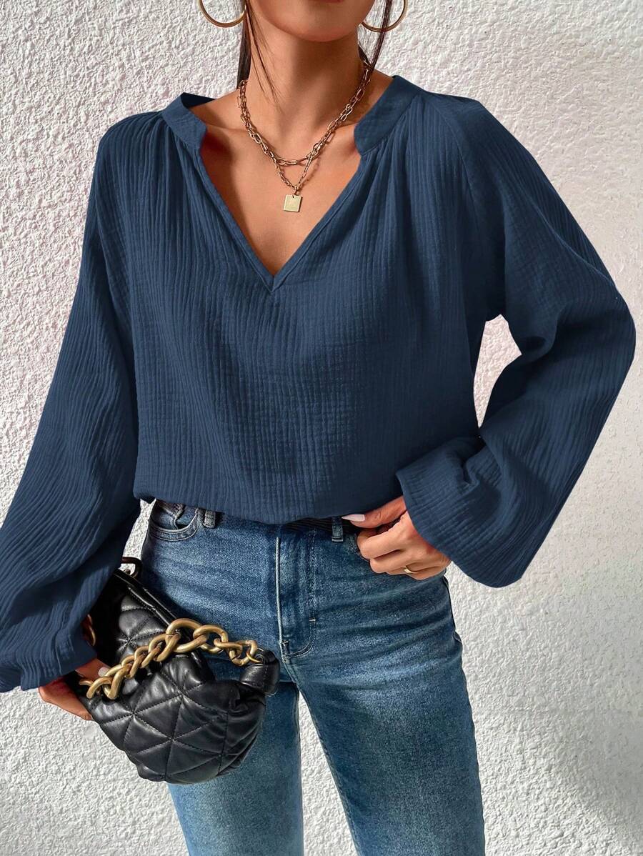 EMERY ROSE Áo cánh tay đèn lồng cổ khoét màu trơn thường ngày đi làm - Màu xanh hải quân - Xem 1