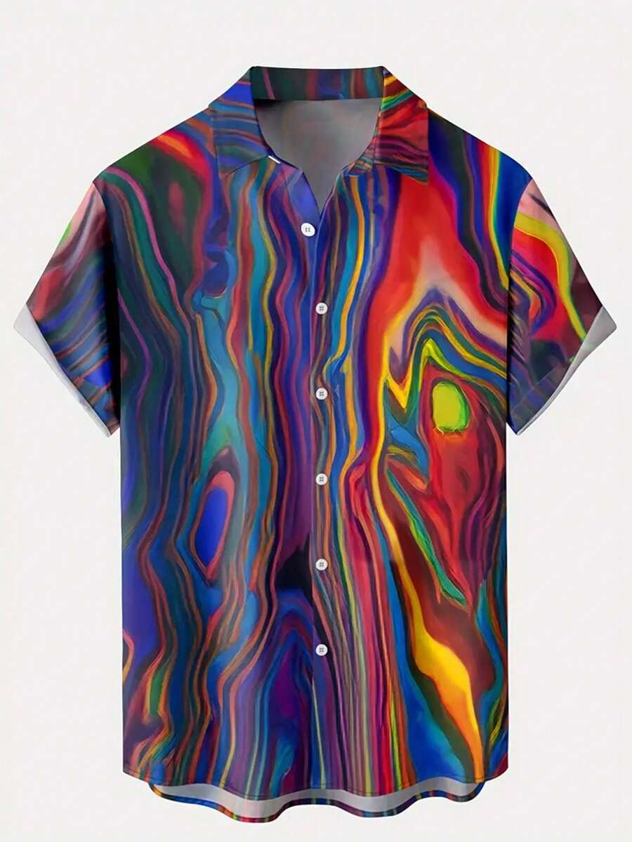 Nam Khối màu Nút xuống Vòng cổ Ngắn tay Áo sơ mi - màu xanh lá - Xem 1