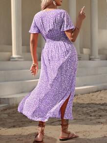 Ceyna 大码女式花卉印花蝙蝠袖腰褶皱短裙长款女式服装 - 紫色 - 查看 2