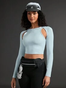 In My Nature Women's Letter Print Hollow Out Slim Fit Cropped Outdoor T-Shirt - Blue - View 3