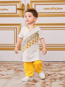 SHEIN Baby Boys' Geometric Pattern Notched Collar Short Sleeve Top And Solid Color Cuffed Pants 2pcs Set - Yellow - View 4