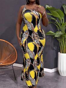 Maweii 大碼豹紋鏈帶魚尾背心連衣裙 - 黃色 - 查看 1