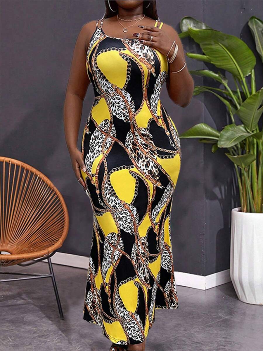 Maweii 大碼豹紋鏈帶魚尾背心連衣裙 - 黃色 - 查看 1