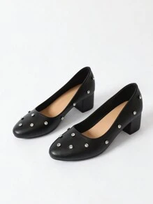 女士簡約風高跟泵鞋,鑲嵌鑽石裝飾,低領設計適用於夏季派對 - 黑色 - 查看 2