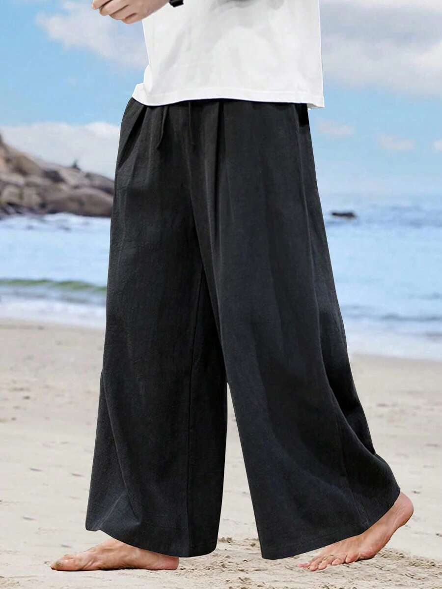 Manfinity RSRT 中式提花寬鬆休閒褲男士低襠寬鬆長褲，色塊純黑色外出穿著 - 黑色 - 查看 1