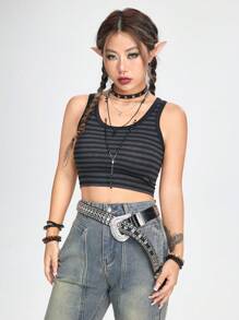 ROMWE Fairycore 條紋圖案背心上衣 - 灰色 - 查看 5