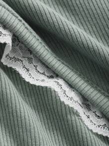 DAZY 女士蕾丝拼接圆领长袖T恤，秋季女装 - 橄欖綠 - 查看 8