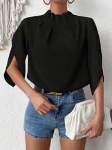 SHEIN Clasi 纯色立领褶裥花瓣袖衬衫 - 黑色 - 查看 3