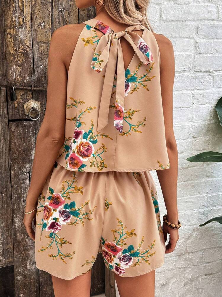 Floral Printed Halter Top And Fold Pleated Shorts Set