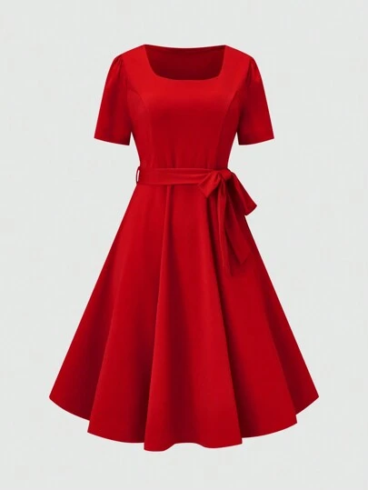 GlowEve 女式纯色方形领口连衣裙，配腰带，适合新年衣服，长款女装