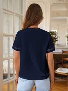 Poéselle Women's Solid Color Short Sleeve Round Neck T-Shirt - Navy Blue - View 2
