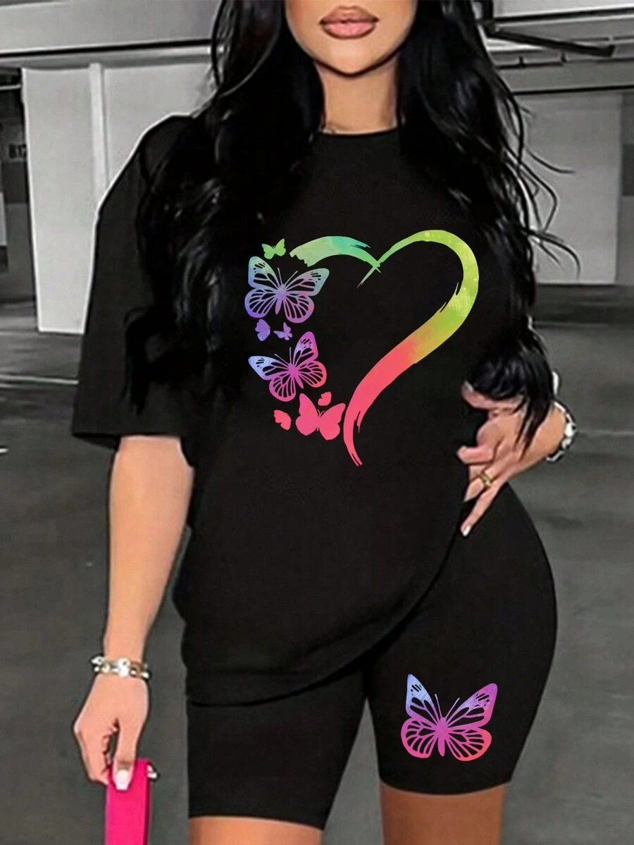 Calvaya Kích thước lớn Màu thuần Tối giản Tim & In bướm Ngắn tay Áo thun Và Quần short - màu đen - Xem 1