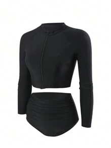 Swim SPRTY Của phụ nữ Có khóa kéo Mặt trước Raglan Tay áo dài Bikini 2 cái/bộ - màu đen - Xem 6