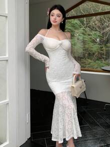 DAZY 女士蕾丝长袖A字型正式派对/返校礼服优雅吊带裙，秋季连衣裙 - 白色 - 查看 10