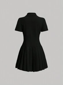 SHEIN MOD 女式双排扣立领压褶连衣裙，女士优雅双纽扣、褶皱、荷叶边下摆短袖翻领修身短款黑色常规袖纯色衬衫女式短裙，春季/秋季，职业/商务装/工作服 - 黑色 - 查看 2