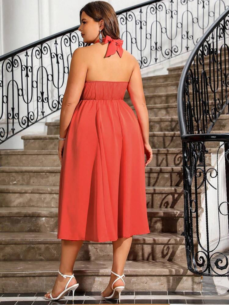 Plus Size Women's Solid Color Halter Neck Sleeveless Dress, Wedding Guest Dress