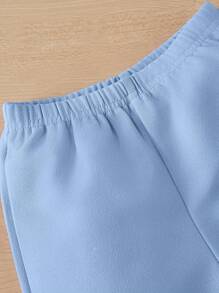 SHEIN 嬰兒女寶寶休閑純色短袖襯衫、褲子和吊帶三件套裝 - 藍色 - 查看 4