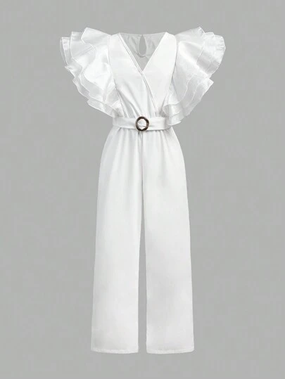 Tween Girl Patchwork Multiple Layers Ruffle-Trim Solid Color Jumpsuit