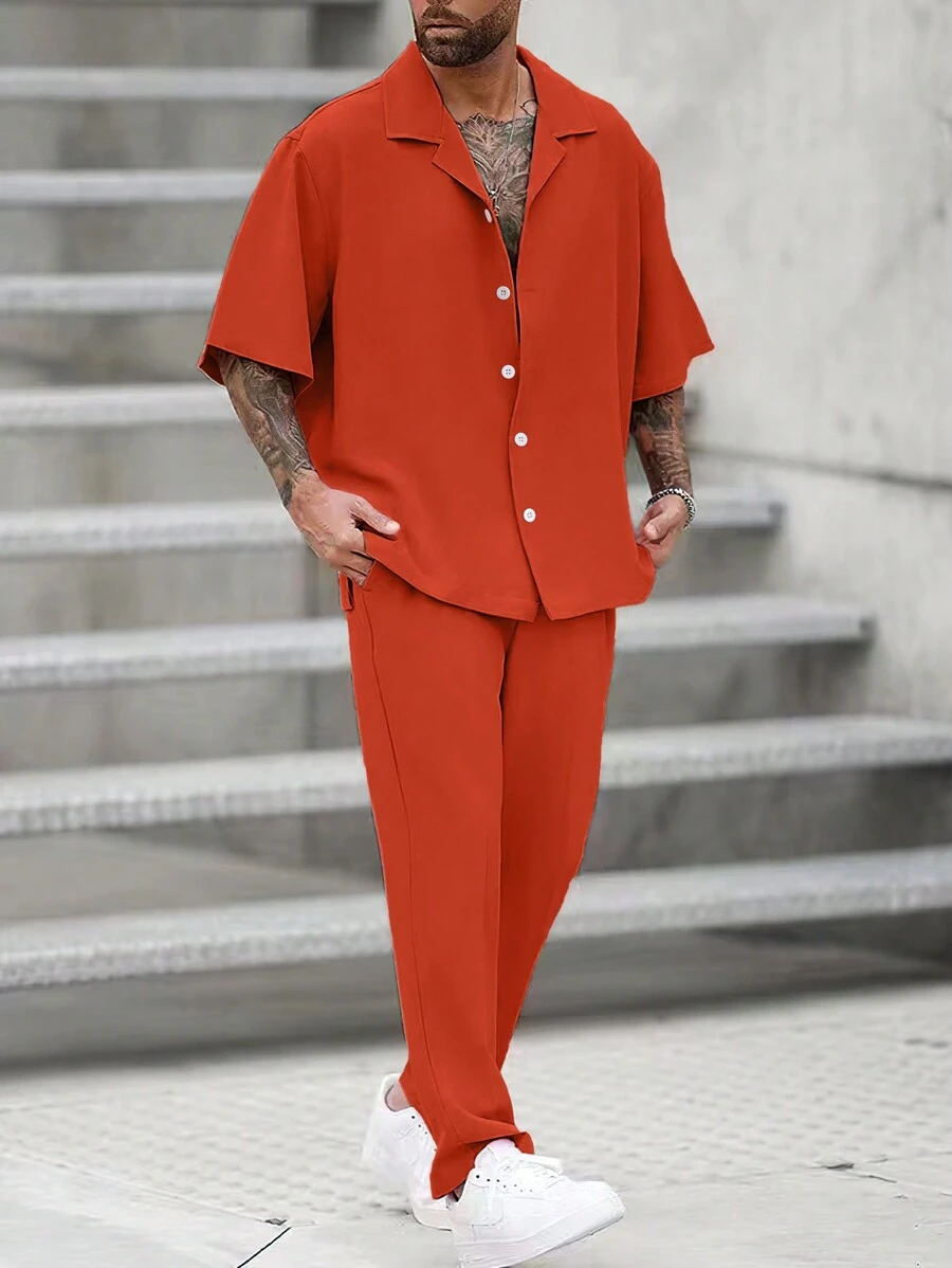 Manfinity Homme Nam Rắn lỏng lẻo Màu sắc Áo sơ mi Và Quần - Màu Cam cháy - Xem 1