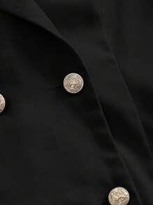 SHEIN MOD 女式双排扣立领压褶连衣裙，女士优雅双纽扣、褶皱、荷叶边下摆短袖翻领修身短款黑色常规袖纯色衬衫女式短裙，春季/秋季，职业/商务装/工作服 - 黑色 - 查看 4