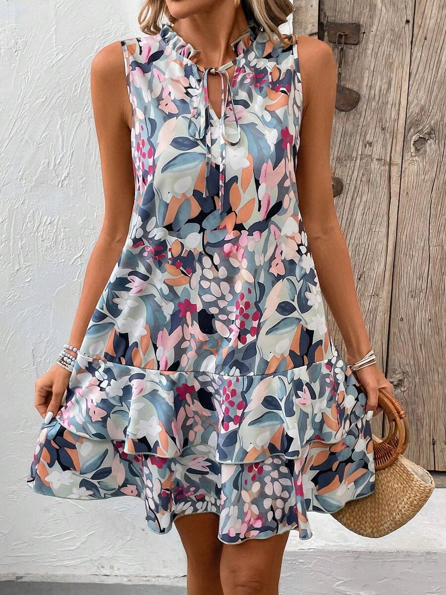 SHEIN LUNE Đầm không tay in hoa, viền bèo nhún, có dây buộc eo dành cho nữ, thích hợp cho kỳ nghỉ biển. - Nhiều màu - Xem 1