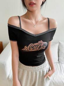 DAZY 女款露肩字母印花短袖t恤 - 黑色 - 查看 1