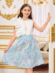 SHEIN Tween Girls' Loose And Lovely Light Palace Style Frilled Round Neckline Shirt & Floral Skirt Two-Piece Set - Blue - View 5
