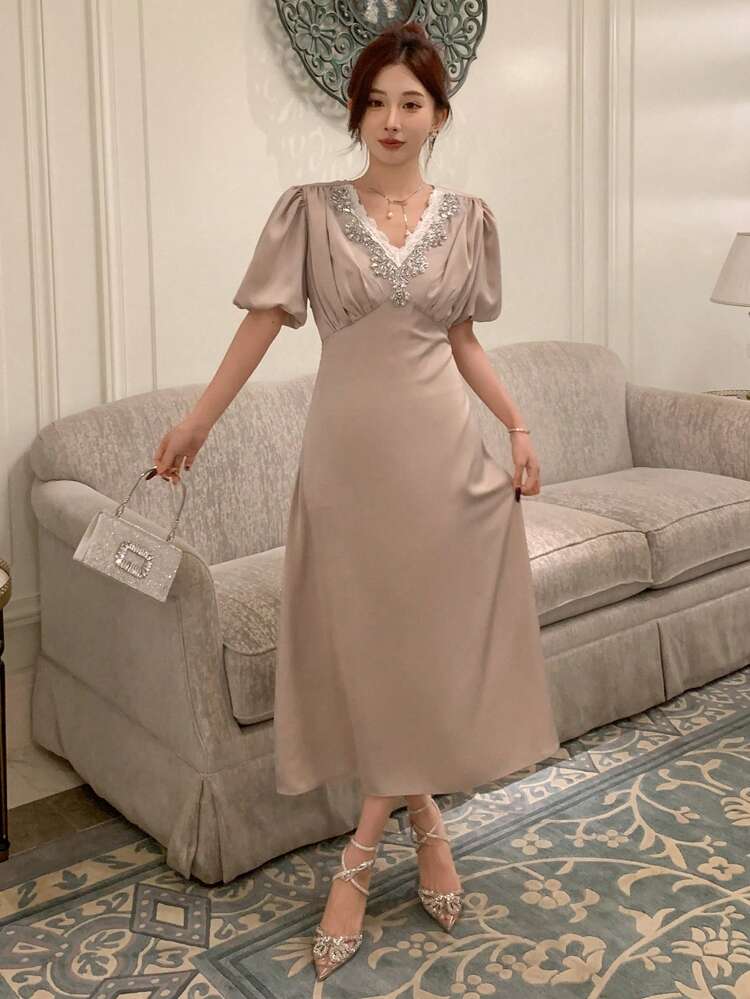 Women's Short Puff Sleeve Dress With Lace Contrast And Rhinestone Details, Birthday Prom Dress Sundress,Formal Women Dresses Elegant Women Dresses