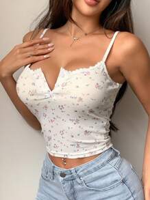 DAZY 女士修身印花蕾丝边纽扣吊带背心上衣外出上衣节日花卉夏季 - 彩色 - 查看 4