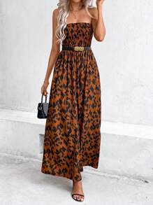 SHEIN VCAY Allover Print Shirred Tube Jumpsuit - Brown - View 5