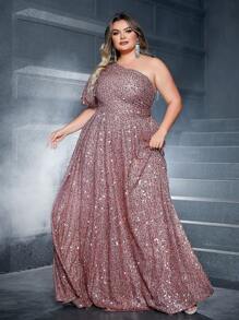 Plus Size Women's Elegant Brown One Shoulder Evening Dress - Brown - View 1