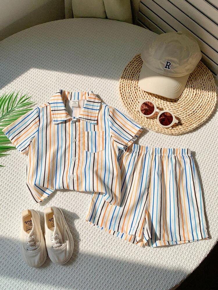 Baby Boy's Casual Colorful Striped Short Sleeve Shirt With Elastic Waist Shorts Set