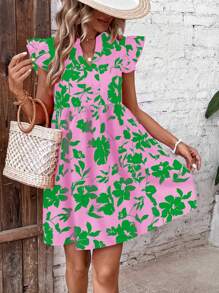 SHEIN LUNE Women's Vacation Style Floral Print Cap Sleeve V-Neck Dress - Baby Pink - View 6