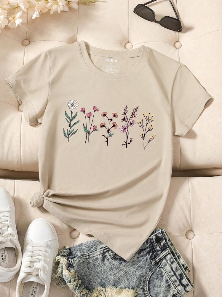 Camiseta de manga corta con cuello redondo y estampado floral, blusas gráficas para mujeres - Caqui - Añade 1