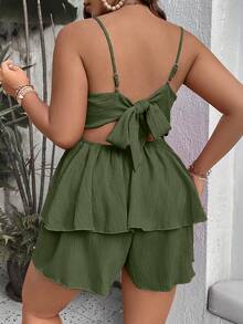 SHEIN Holidaya 女士大尺碼珍珠裝飾細肩跳蛋連身褲 - 軍綠色 - 查看 2