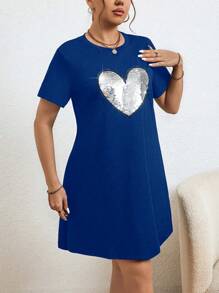 EMERY ROSE 大尺寸閃閃發光的愛心圖案短袖連衣裙 - 寶藍色 - 查看 3