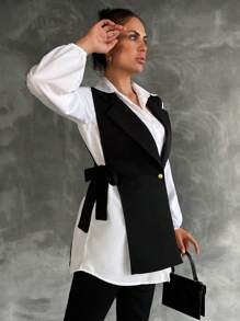 SHEIN Tall Tall Size Bow Sleeveless Coat & Puff Sleeves Shirt - Multicolor - View 4