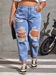 SHEIN EZwear Kích thước lớn Lỏng lẻo Quần jean Tapered Với Chi tiết đau khổ Và Đường chéo Túi - Rửa trung bình - Xem 1
