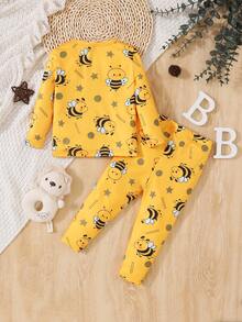 男婴舒适款黄色蜜蜂印花长袖T恤和裤子套装，适合居家穿着 - 黃色 - 查看 2