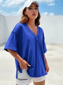 SHEIN EZwear 藍色針織女式v領t恤 - 寶藍色 - 查看 3