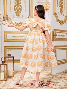 SHEIN Tween Girl's Loose Fit Casual Round Neck Bubble Sleeve Dress - Gold - View 7