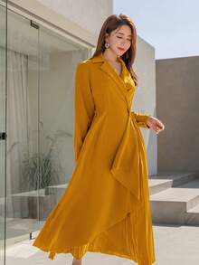 Modelyn Quý cô Cổ áo Tay áo dài Đầm Với Viền xếp - Màu vàng - Xem 6