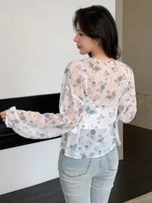 DAZY 花卉印花开襟落肩长袖女士衬衫，夏季复活节款 - 彩色 - 查看 5