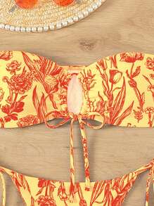 SHEIN Swim Conjunto de bikini bandeau con estampado de plantas, conjunto de bikini de dos piezas para playa de verano - Multicolor - Ver 3