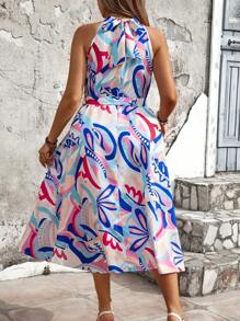 SHEIN Clasi 大尺碼女裝植物印花綁頸無袖假日&休閒長裙 - 彩色 - 查看 2