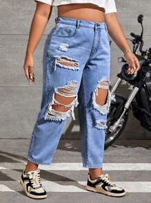 SHEIN EZwear Kích thước lớn Lỏng lẻo Quần jean Tapered Với Chi tiết đau khổ Và Đường chéo Túi - Rửa trung bình - Xem 4