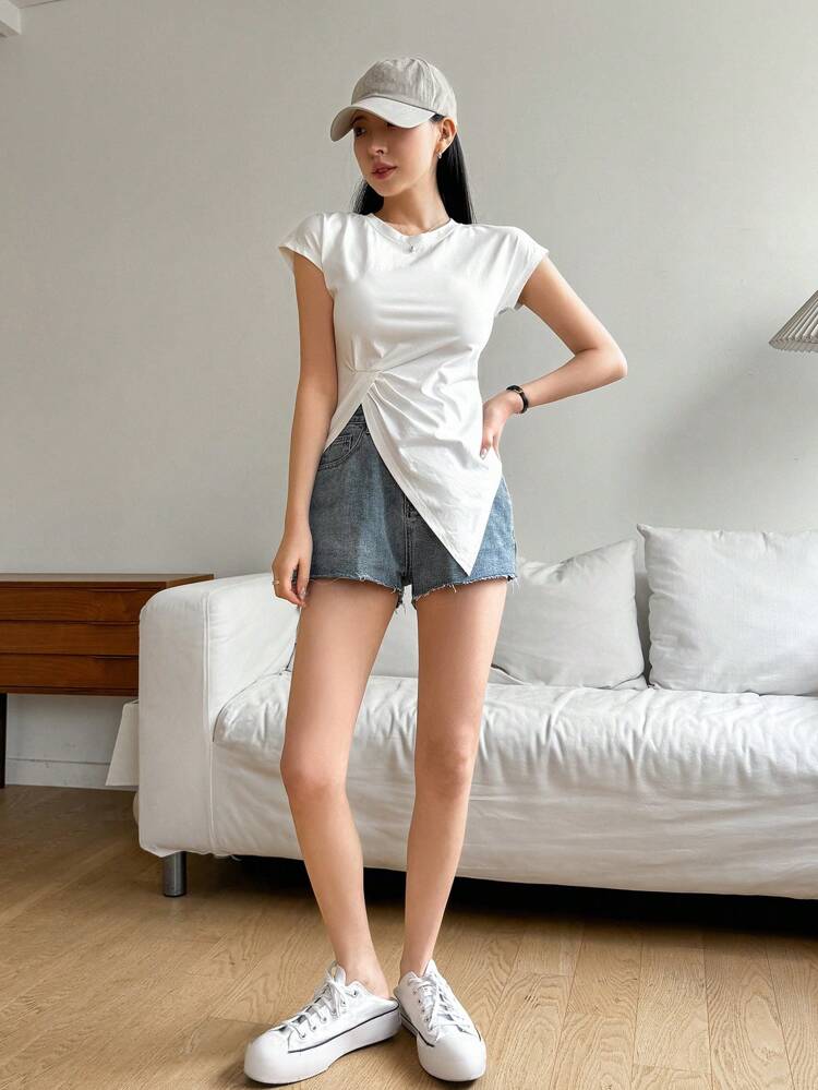 Women's Solid Color Batwing Sleeve T-Shirt With Asymmetrical Hemline