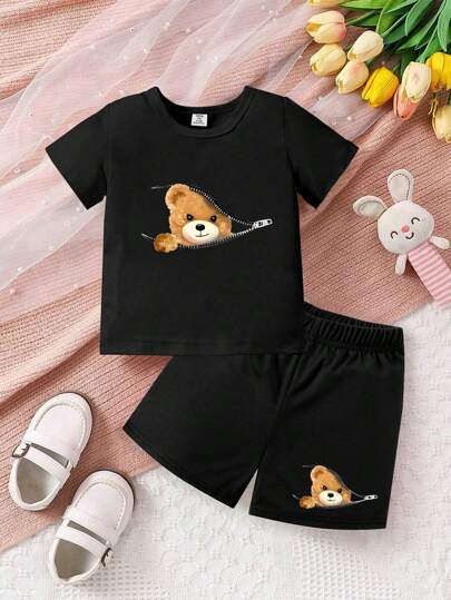 SHEIN 嬰兒女孩休閒運動印花套裝，適用於春夏日常穿著和戶外活動