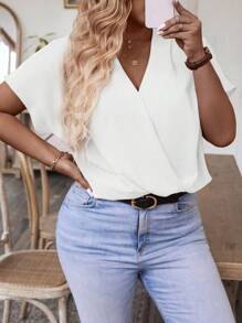 SHEIN Clasi 大码纯色斜领褶皱衬衫 - 白色 - 查看 5