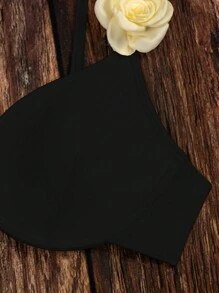 SHEIN Swim Summer Beach Solid Color Spaghetti Straps Bikini Top With 3d Floral Decor - Black - View 3